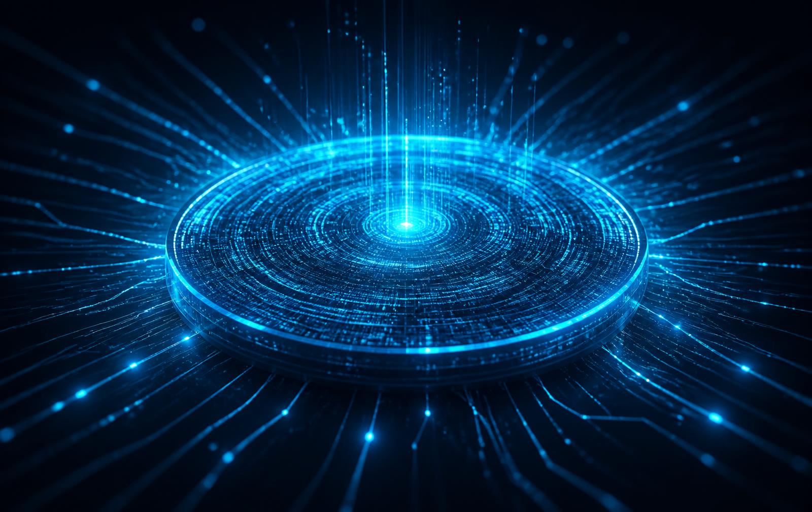 Digitale Datenscheibe mit cyanfarbenen Informationsströmen